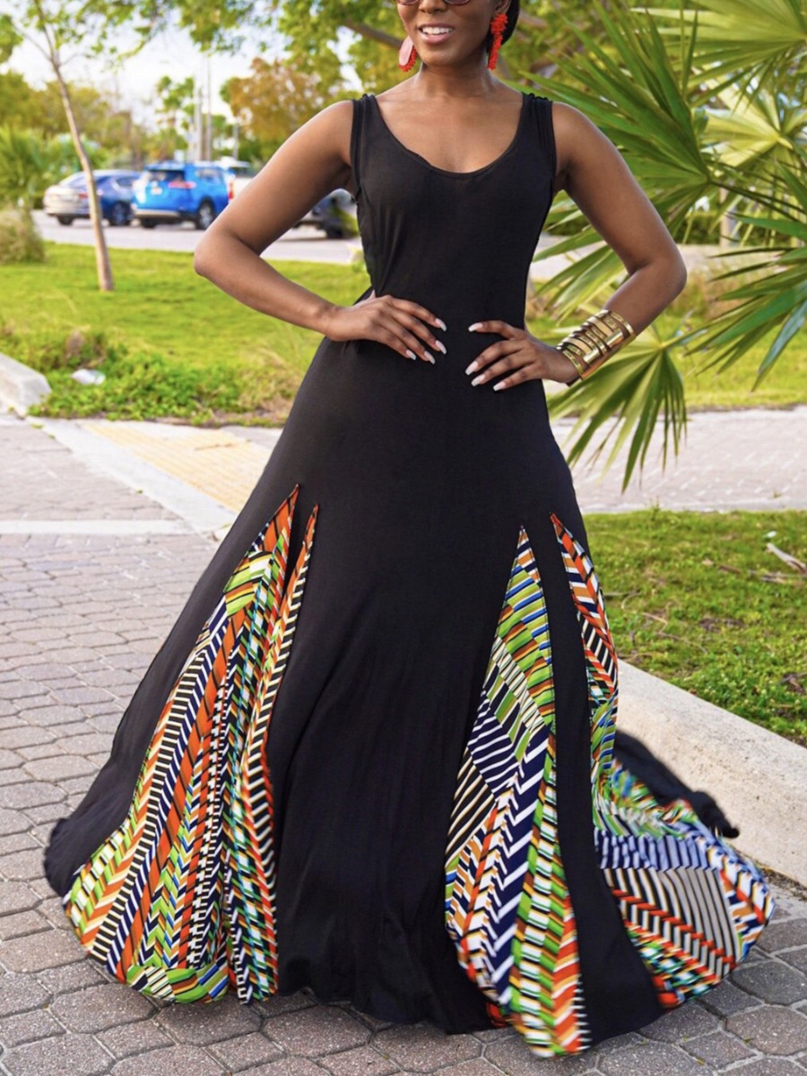 

Lovely Boho U Neck Geometric Print Black Trailing A Line Dress