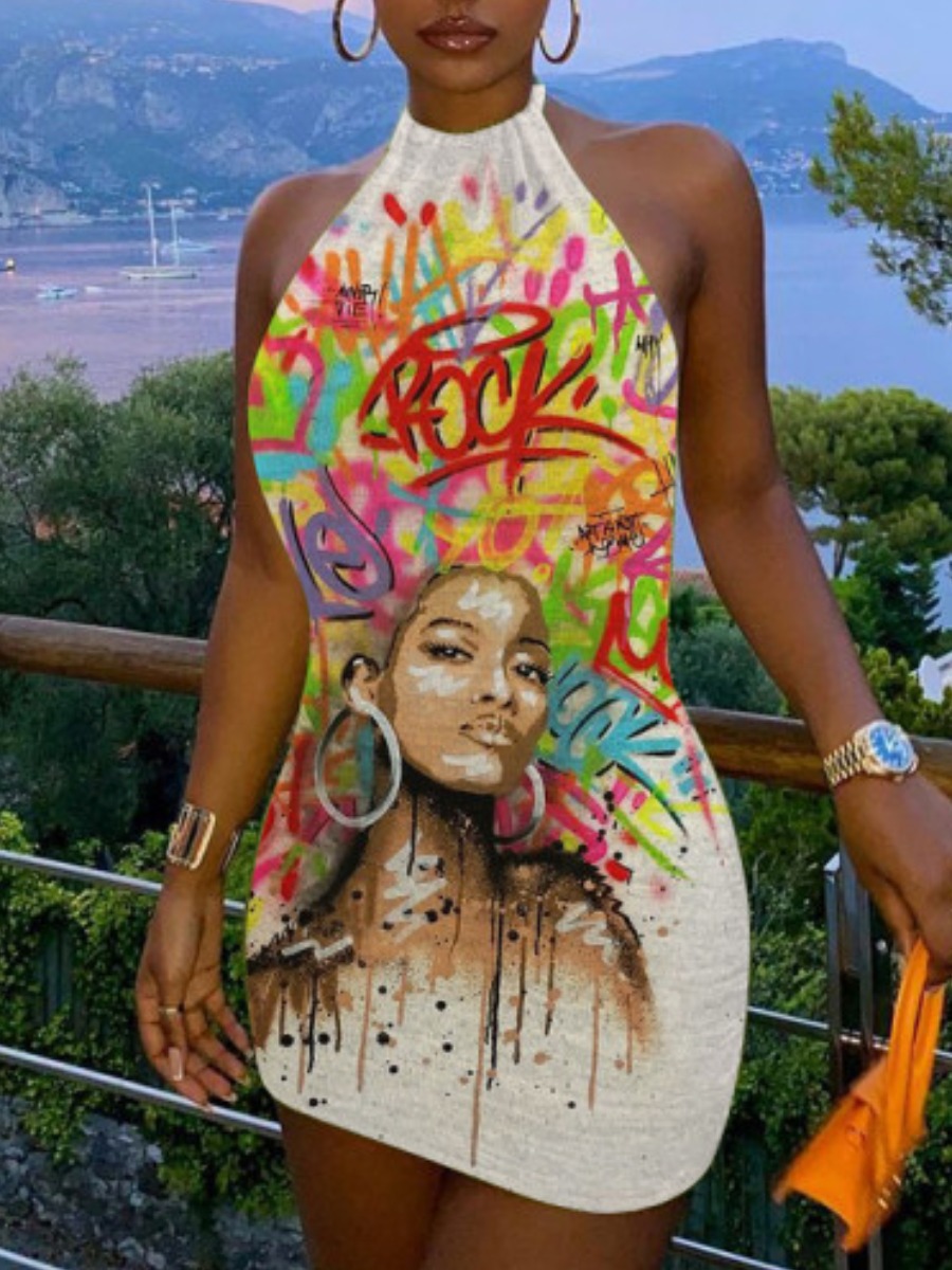 

Lovely Street Backless Graffiti Print White Mini Dress