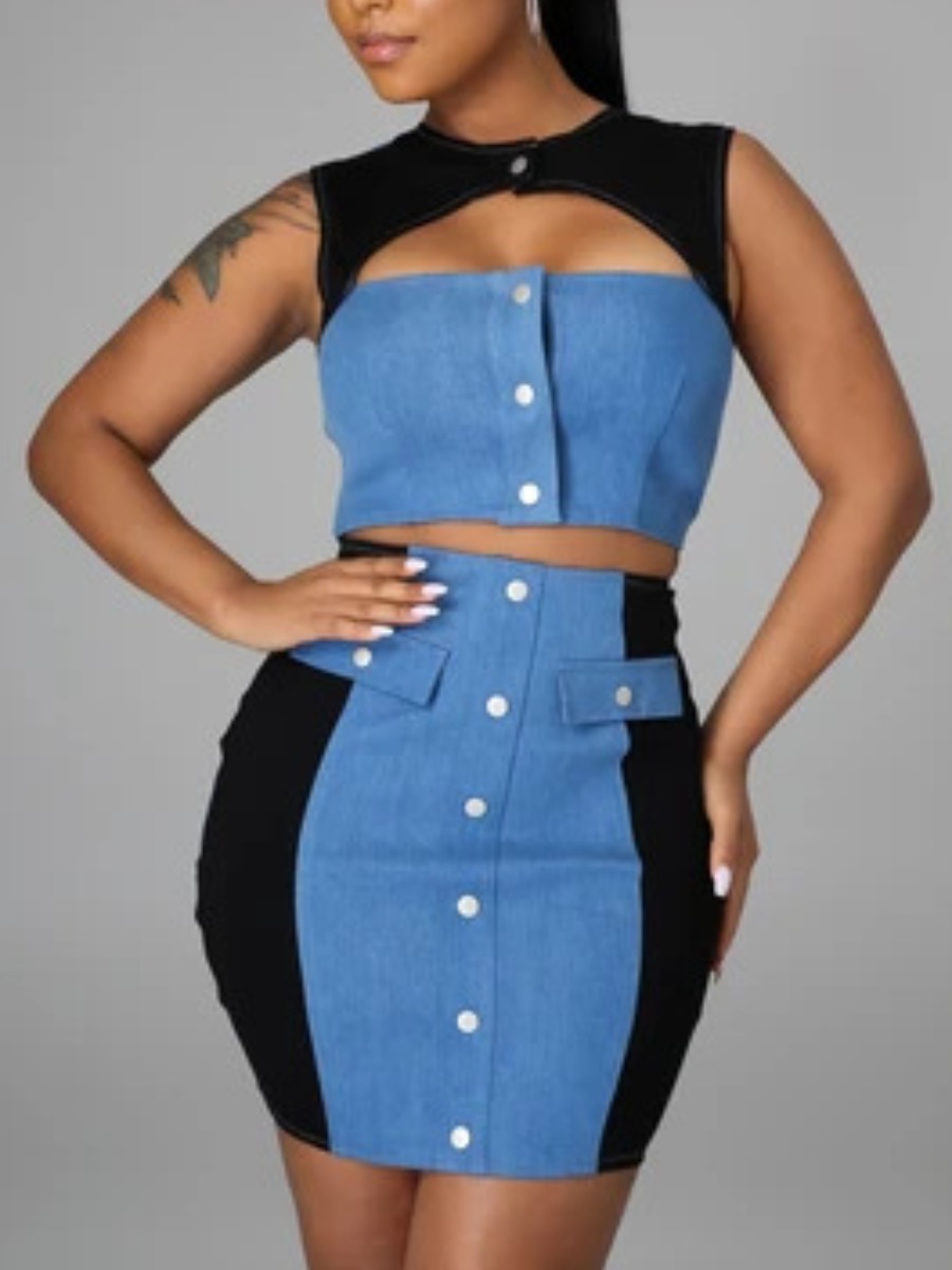 

Lovely Street Hollow-out Color-lump Baby Blue Denim Two Piece Skirt Set
