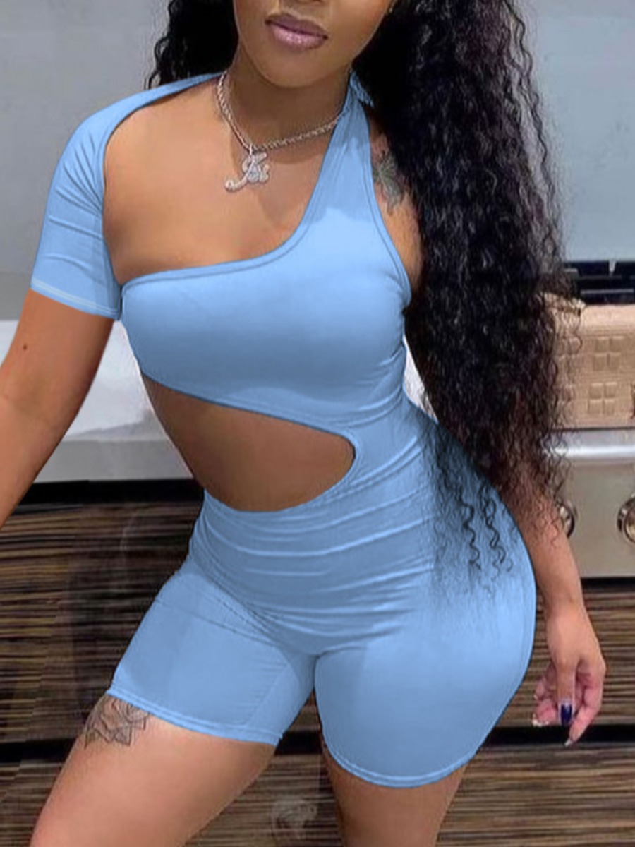 

Lovely Street One Shoulder Hollow-out Blue One-piece Romper