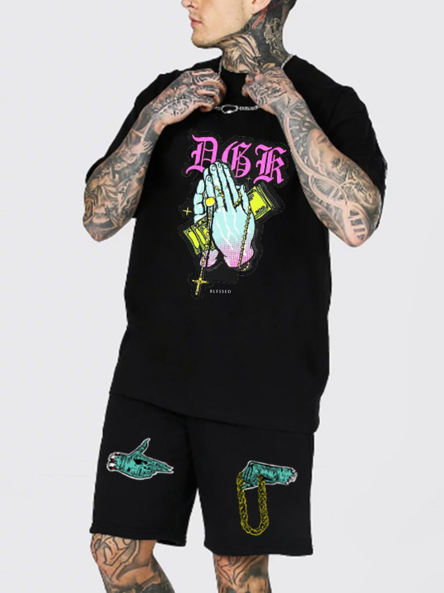 

Lovely Men Street O Neck Letter Print Black Two Piece Shorts Set
