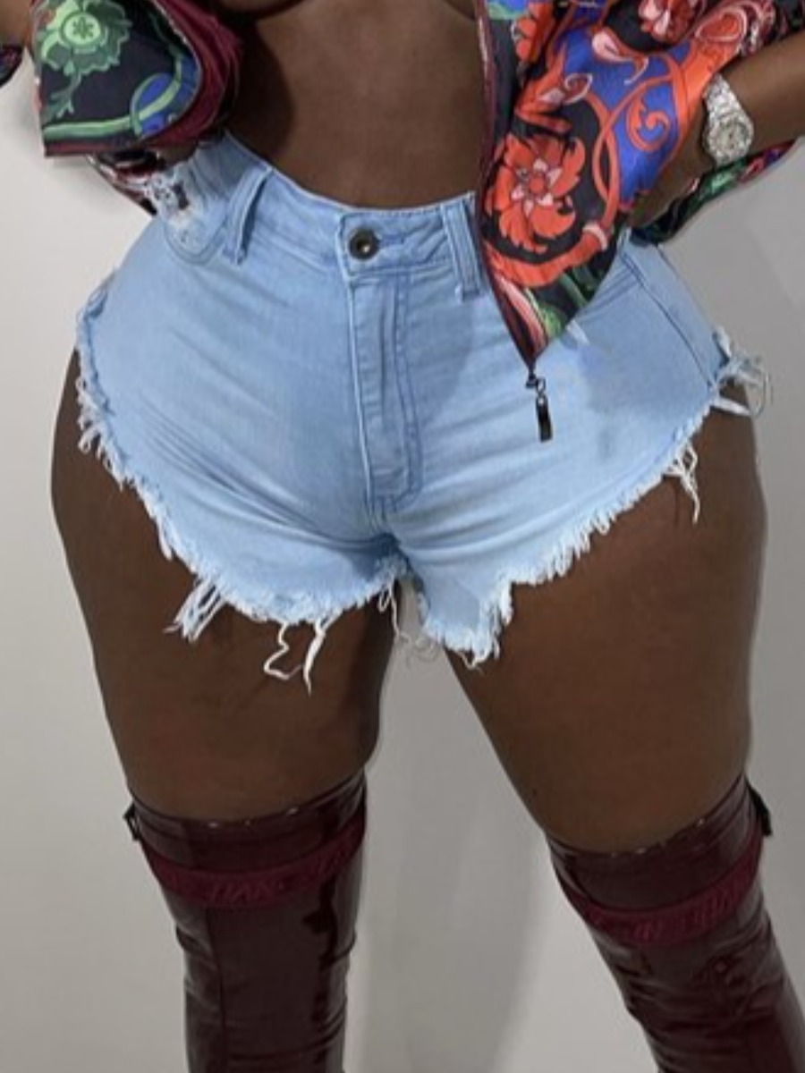 

LW Plus Size Casual High-waisted Raw Edge Baby Blue Denim Shorts