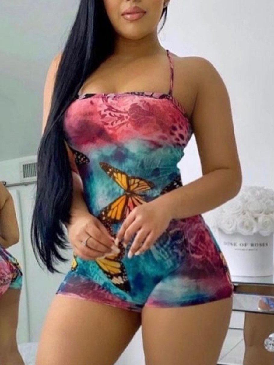 

Lovely Boho Backless Butterfly Print Multicolor One-piece Swimsuit, Multi
