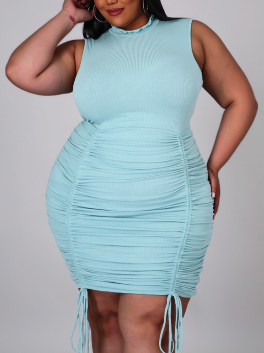 

Lovely Plus Size Casual O Neck Drawstring Blue Mini Dress