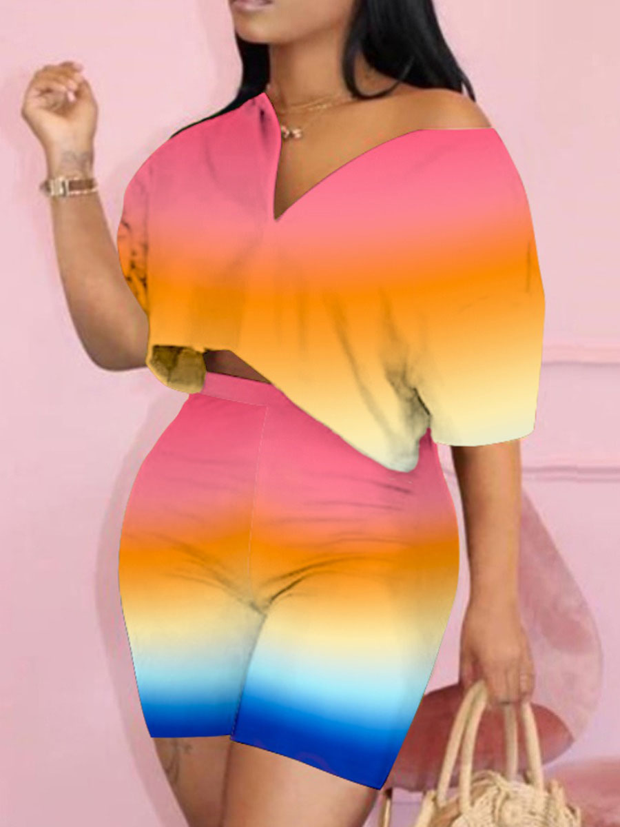 

Lovely Plus Size Casual V Neck Gradient Multicolor Two-piece Shorts Set, Multi
