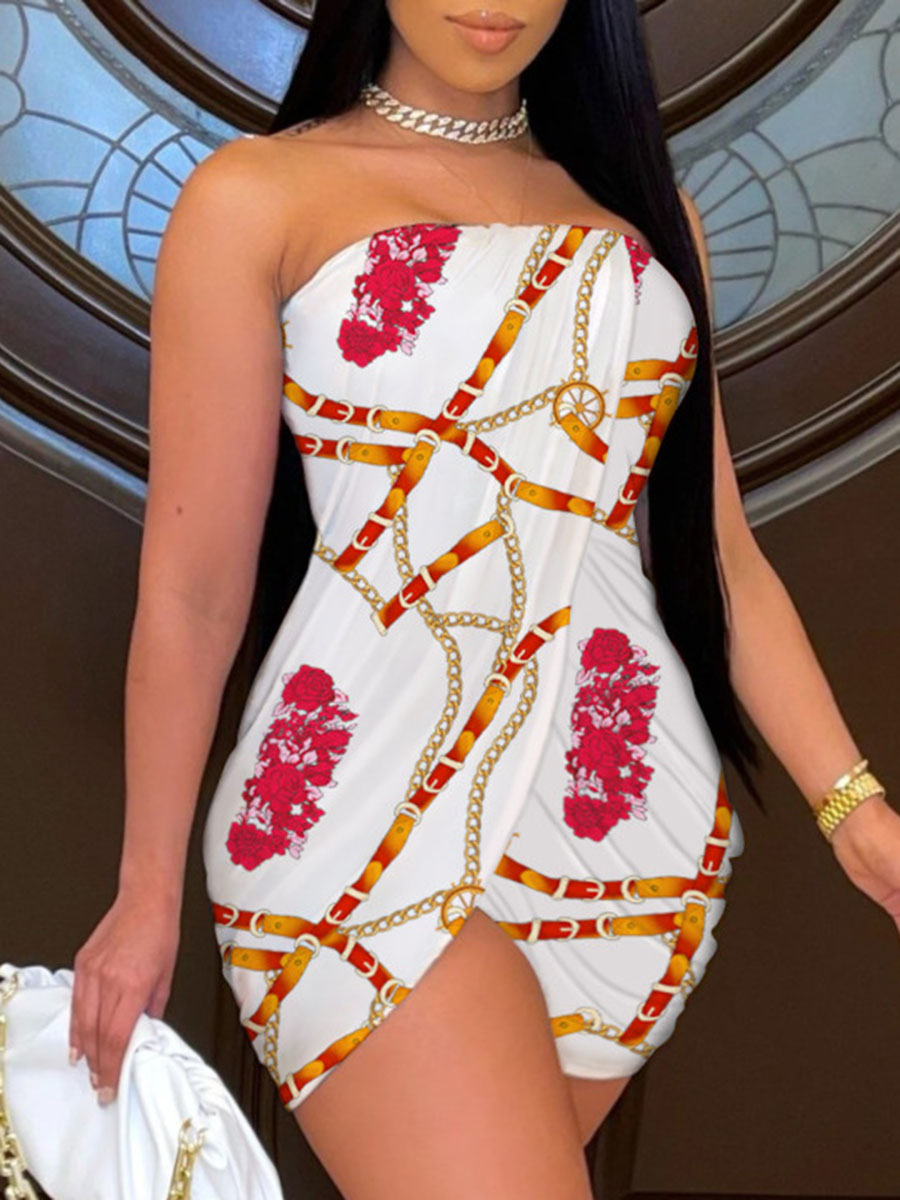 

Lovely Plus Size Sweet Off The Shoulder Chain Print Wrap White Mini Dress