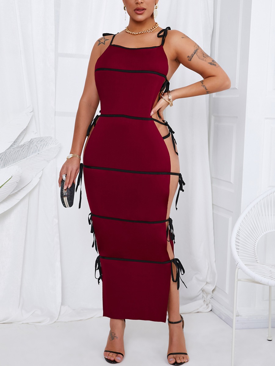 

Lovely Casual Bandage Hollow-out Design Red Ankle Length Dress