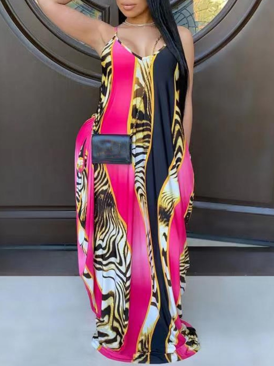 

LW BASICS Plus Size Boho Animal Print Patchwork Pink Floor Length Dress
