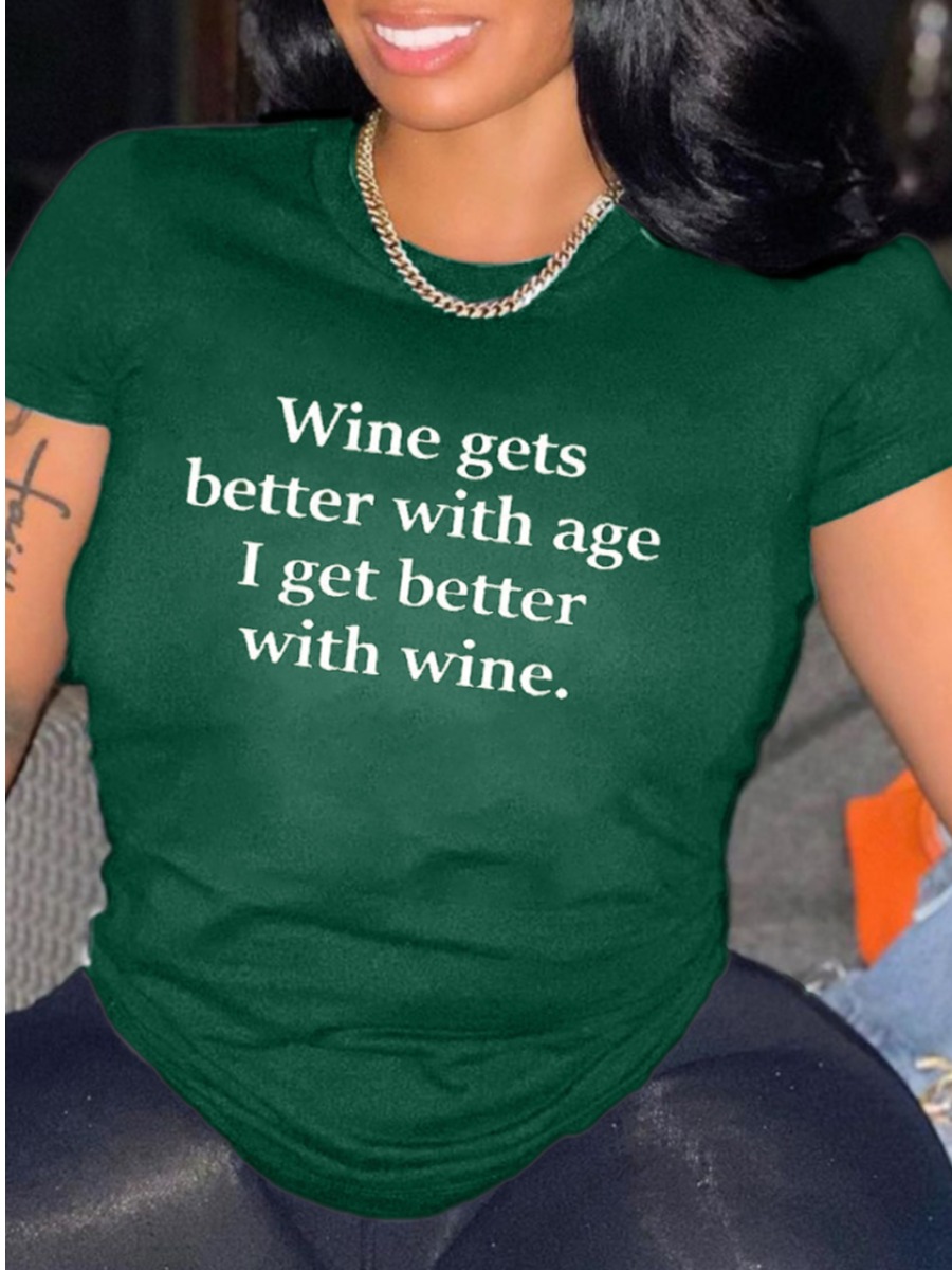 

Lovely Plus Size Casual O Neck Letter Print Black Green T-shirt