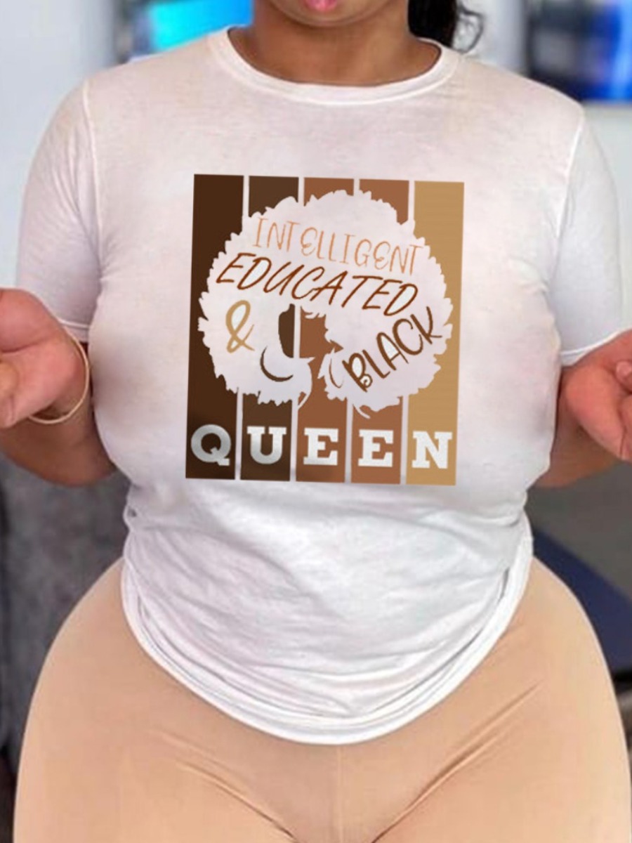 

Lovely Plus Size Street Letter Print Patchwork White T-shirt