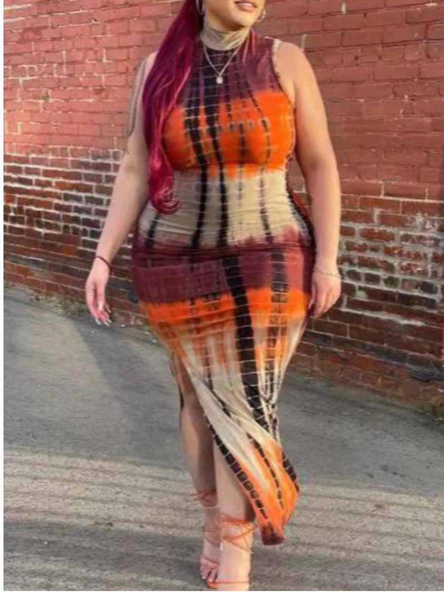

Lovely Plus Size Casual Tie-dye Split Multicolor Ankle Length Dress, Multi