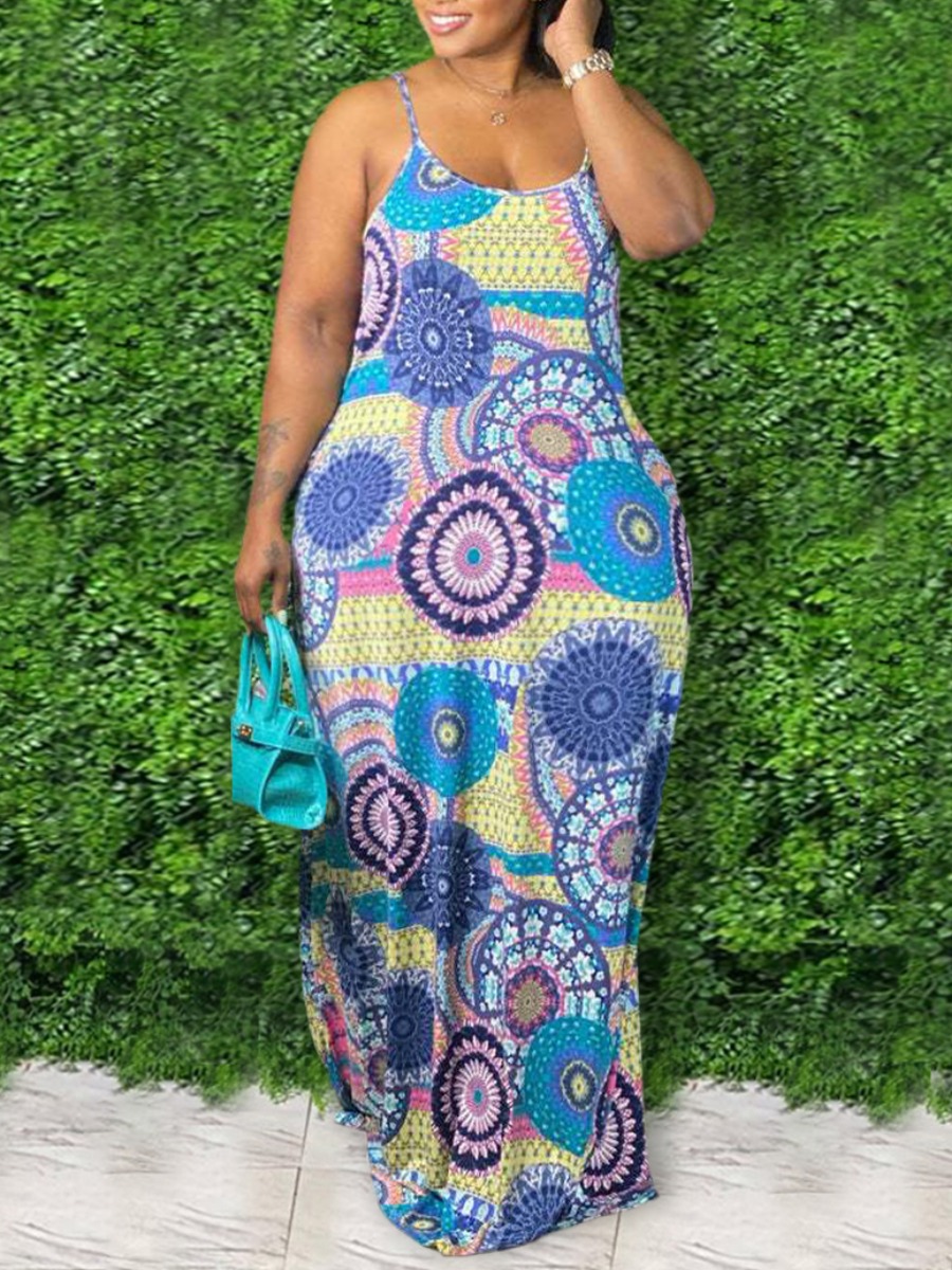 

Lovely Plus Size Casual Geometric Print Bandage Design Blue Floor Length Dress