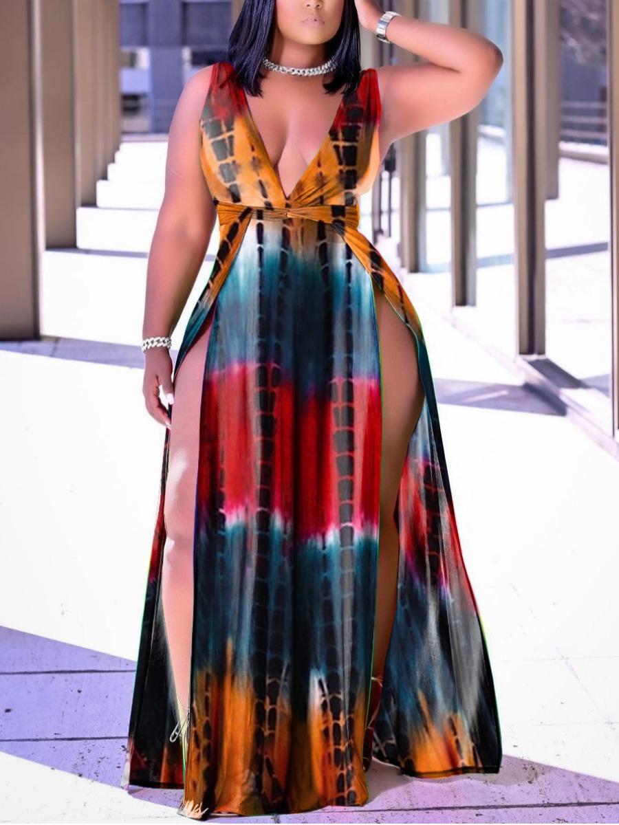 

Lovely Plus Size Boho Tie-dye High Split Red Floor Length Dress