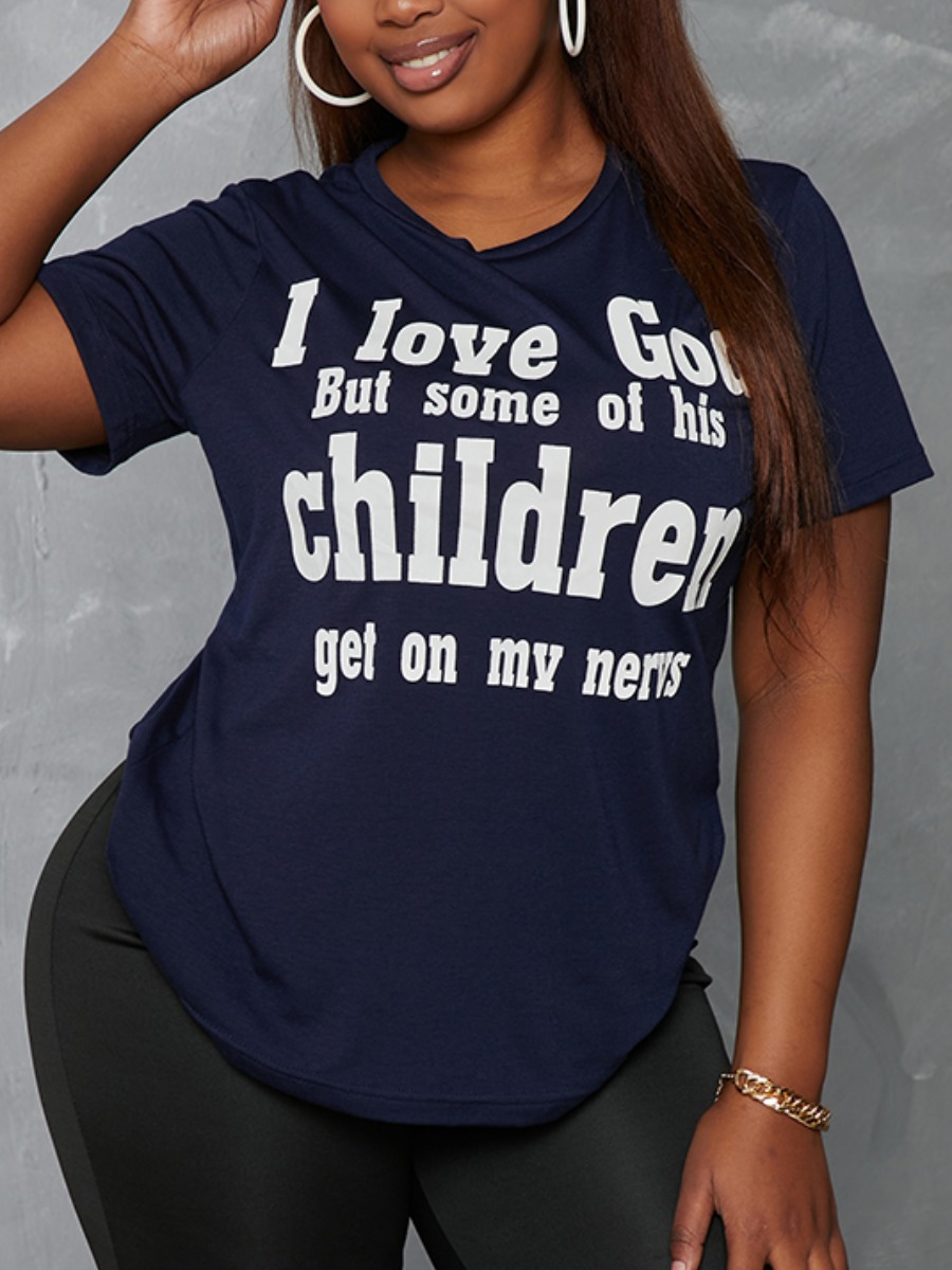 

Lovely Plus Size Street O Neck Letter Print Dark Blue T-shirt