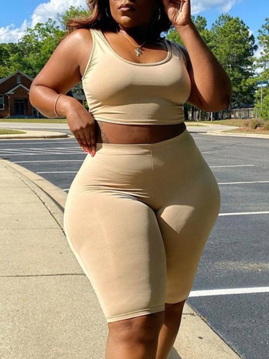 

Lovely Plus Size Sporty U Neck Elastic Khaki Two-piece Shorts Set