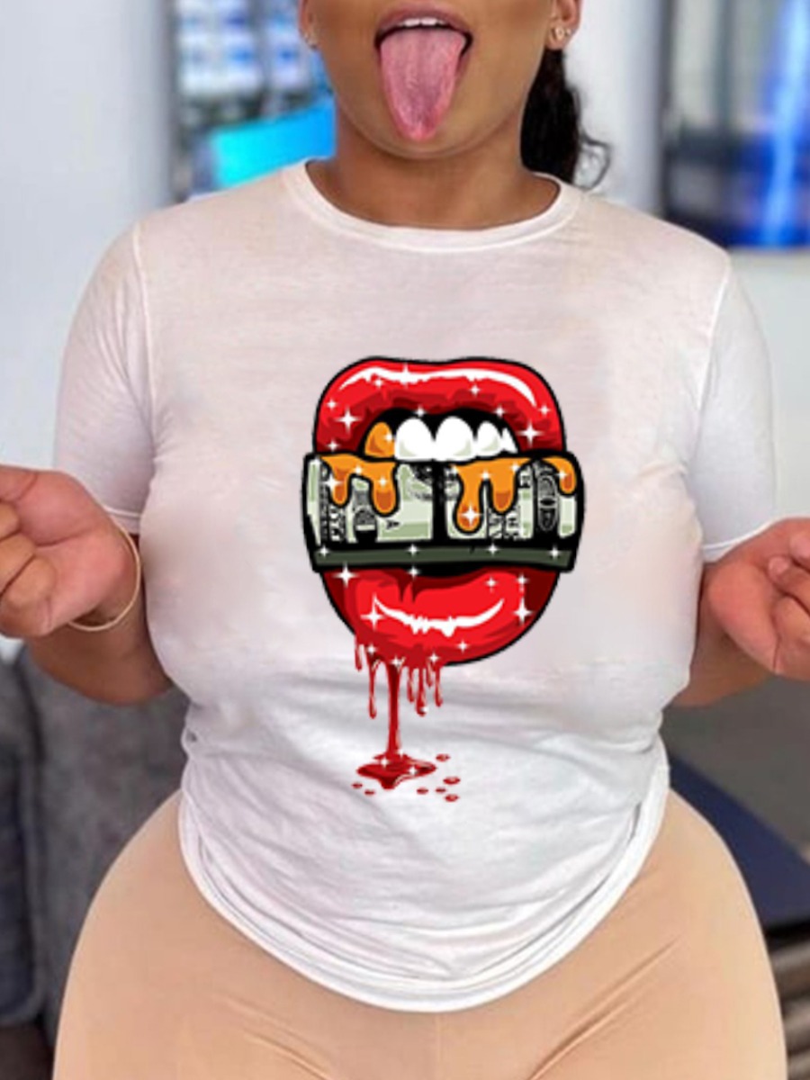 

Lovely Casual Money Lip Print White T-shirt