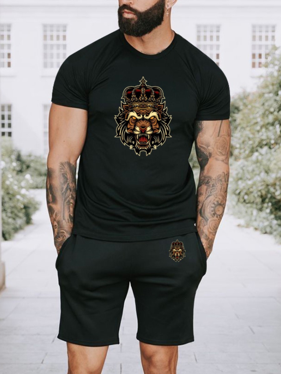 

Lovely Men Casual O Neck Print Drawstring Black Two Piece Shorts Set