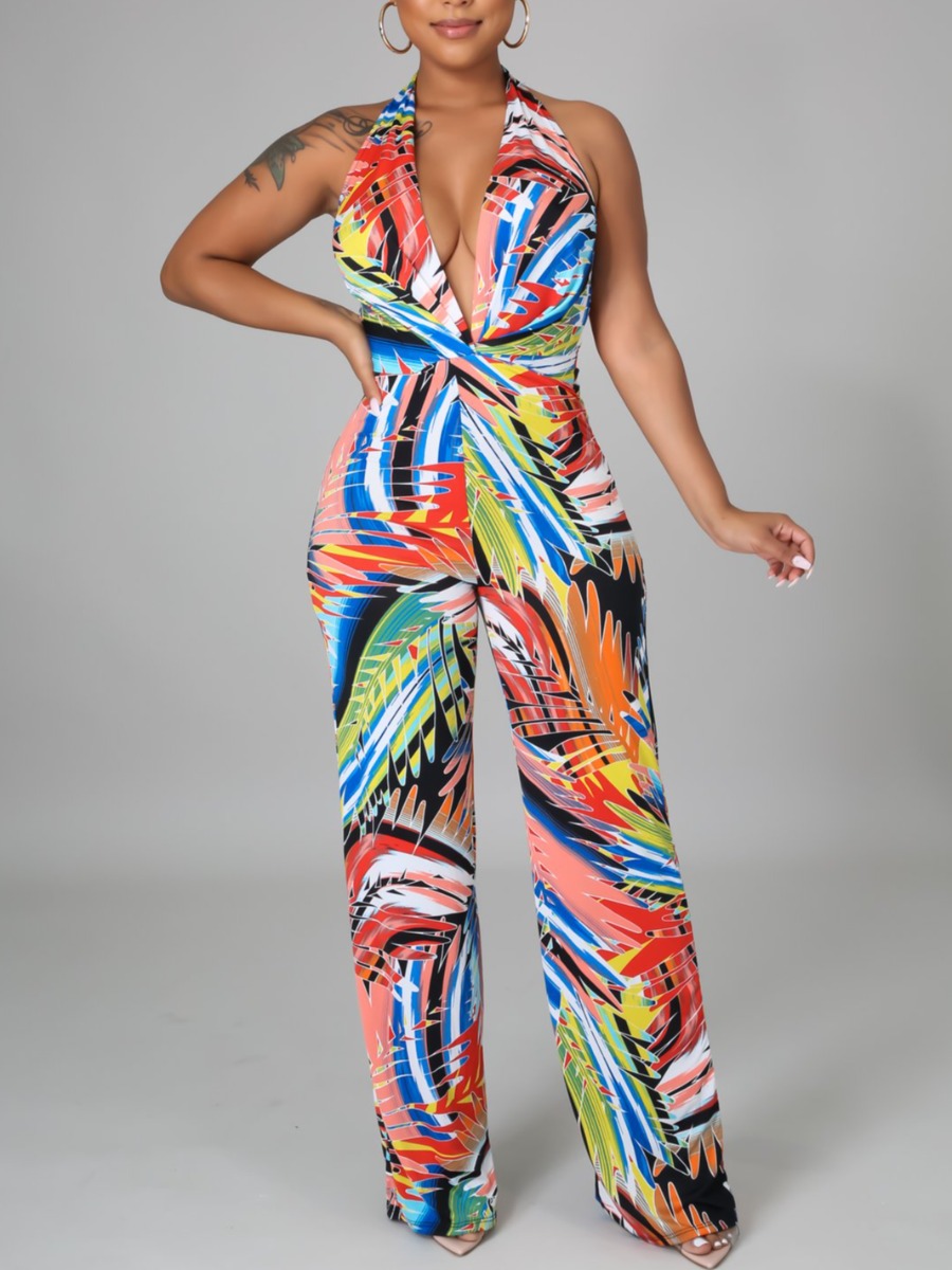 

Lovely Boho Backless Floral Print Multicolor One-piece Jumpsuit, Multi