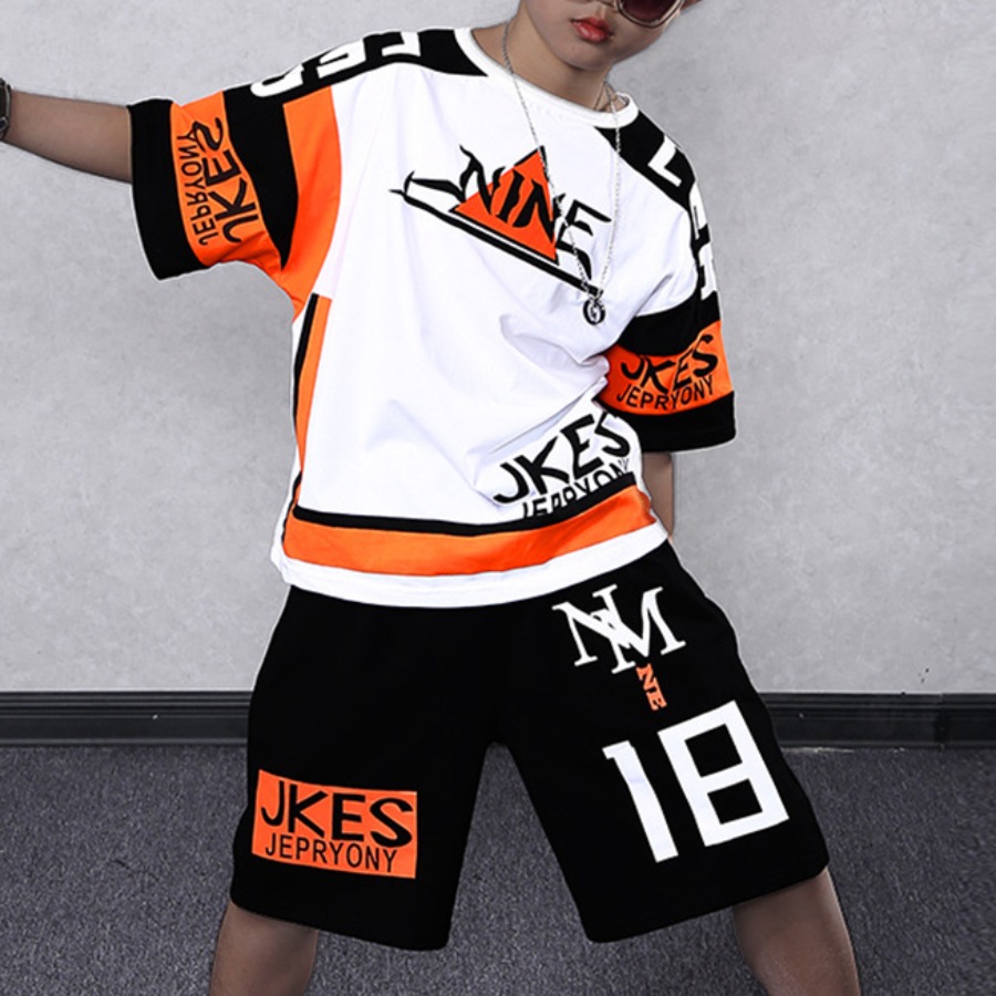 

Lovely Boy Street Letter Print Patchwork White Two Piece Shorts Set