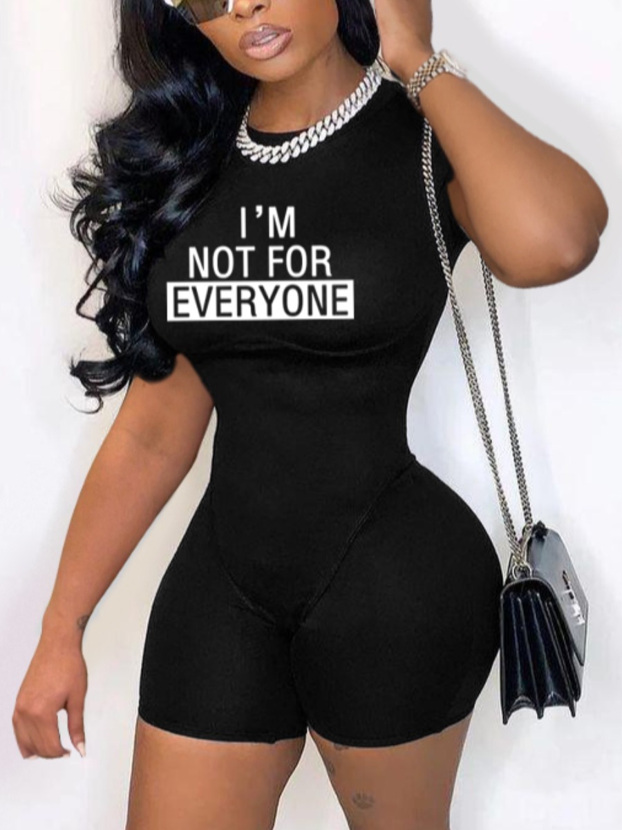 

LW Casual O Neck Letter Print Black One-piece Romper