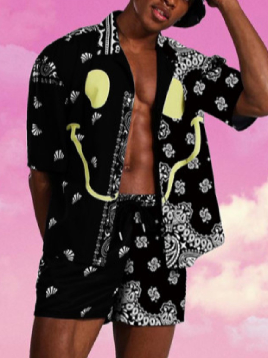 

LW Men Boho Print Patchwork Black Two Piece Shorts Set
