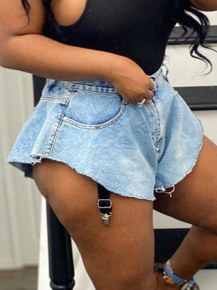 

Lovely Street Mid Waist Raw Edge Baby Blue Denim Shorts