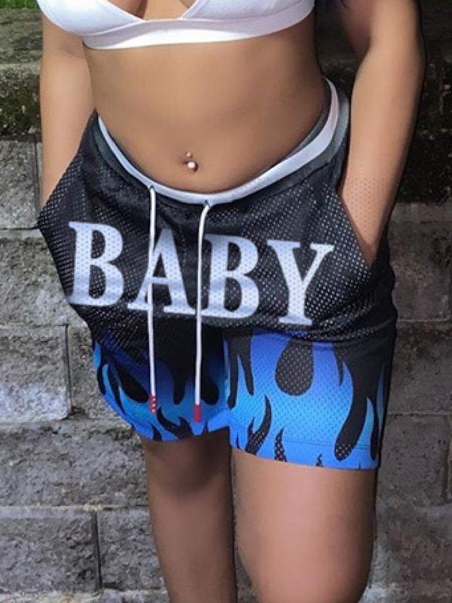 

Lovely Street Flame Letter Print Drawstring Blue Shorts