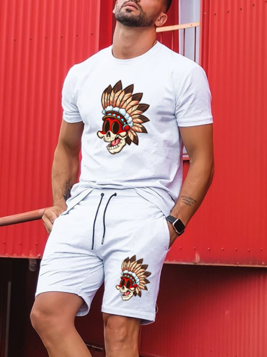 

Lovely Men Casual Cartoon Print Drawstring White Two Piece Shorts Set