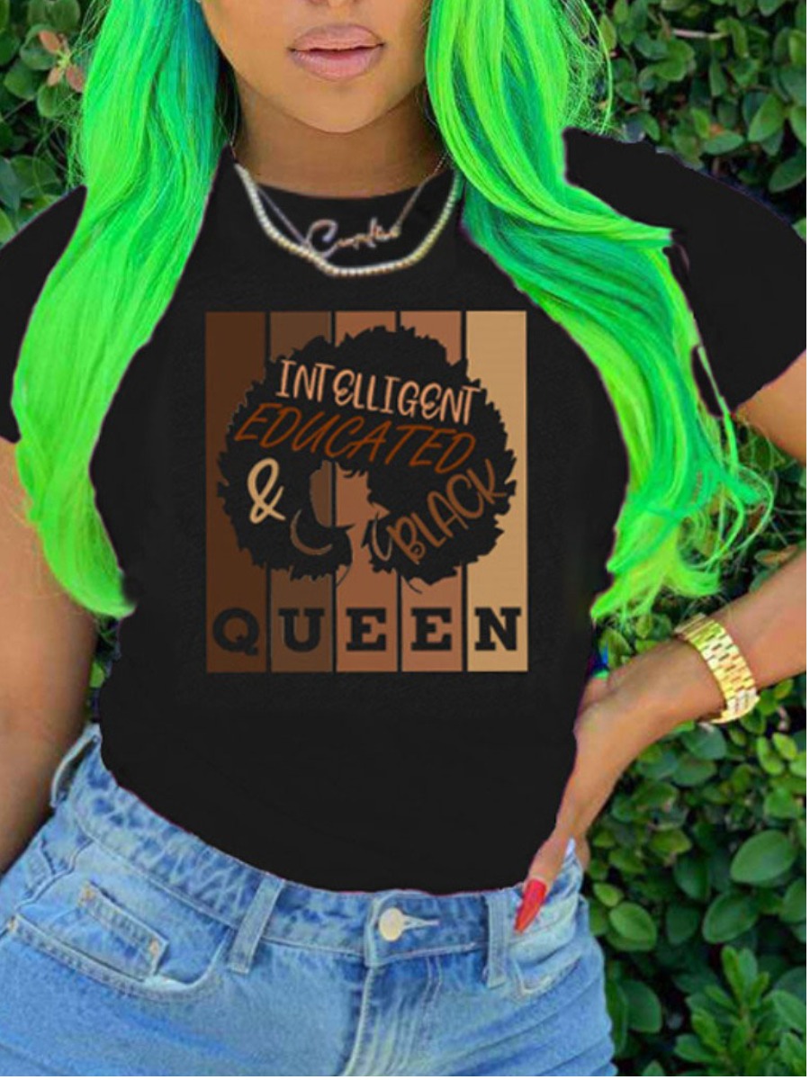 

Lovely Plus Size Casual Letter Print Patchwork Black T-shirt