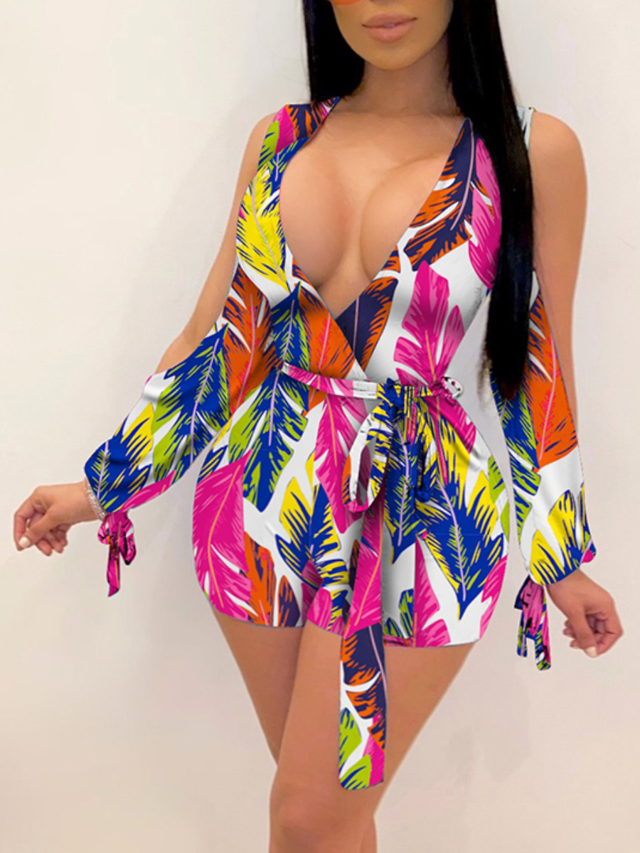 

Lovely Plus Size Sweet Floral Print Bandage Design Rose Red One-piece Romper