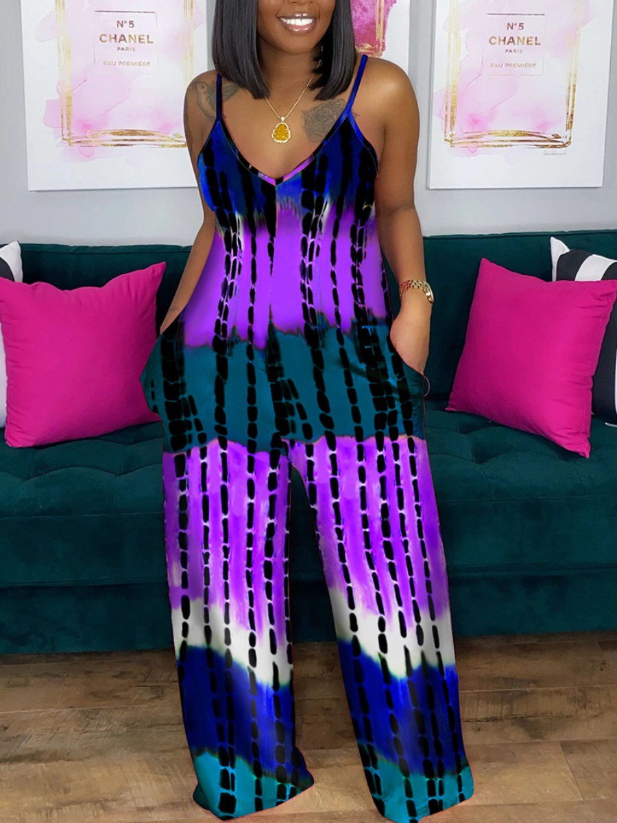 

LW Casual V Neck Tie-dye Purple One-piece Jumpsuit