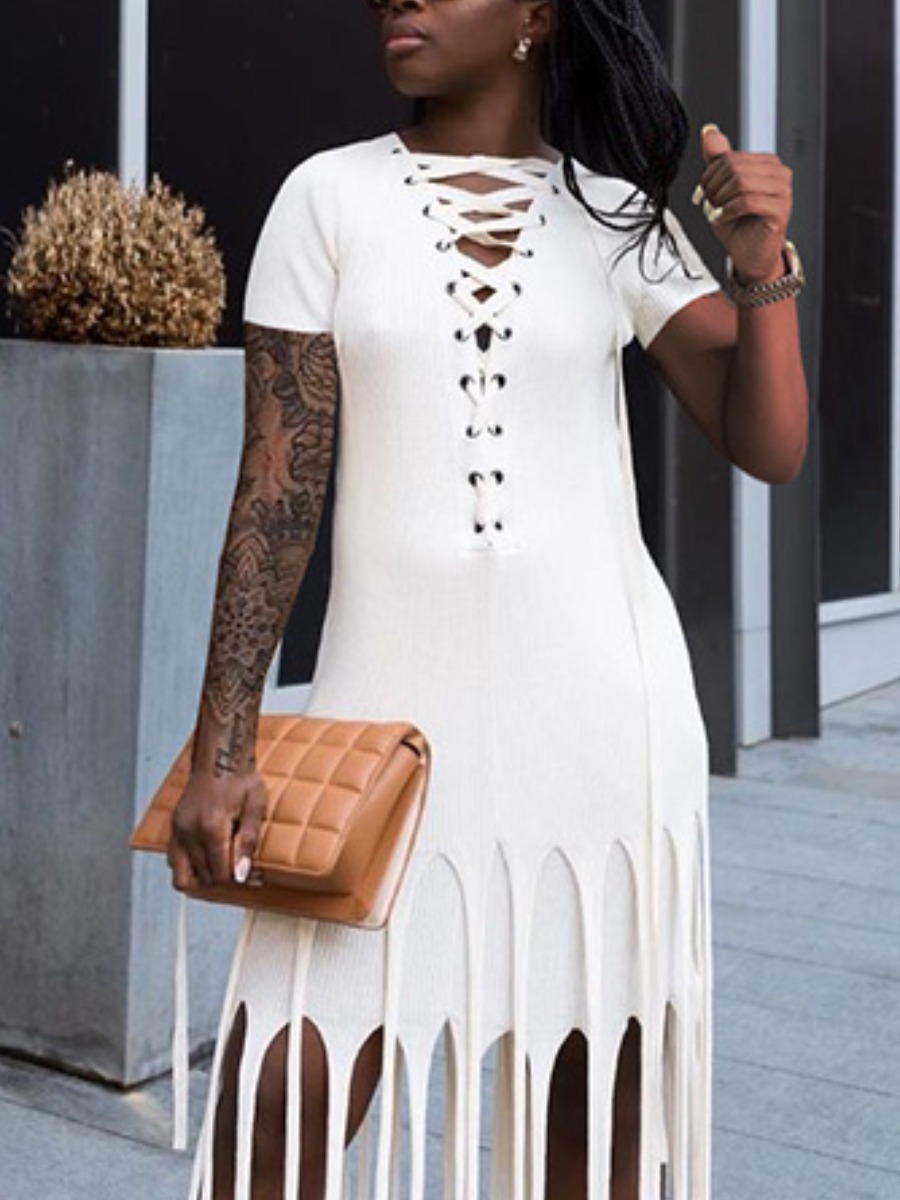 

Lovely Street Bandage Tassel Design White Mini Dress