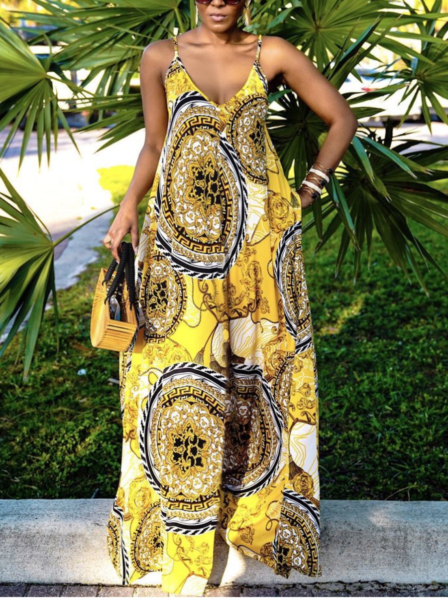 

Lovely Boho Print Patchwork Yellow Floor Length Dress