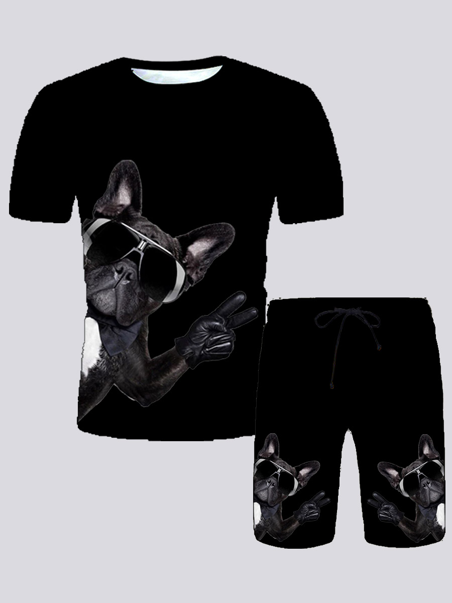 

Lovely Men Casual Dog Print Drawstring Black Two Piece Shorts Set