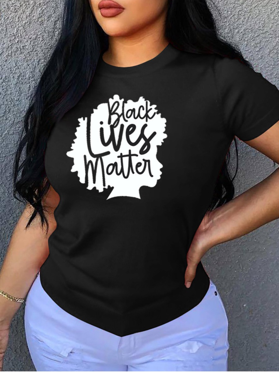 

Lovely Casual O Neck Letter Print Black T-shirt