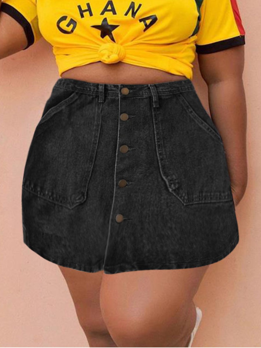 

Lovely Casual Button Pocket Design Black Mini Plus Size Denim Skirt
