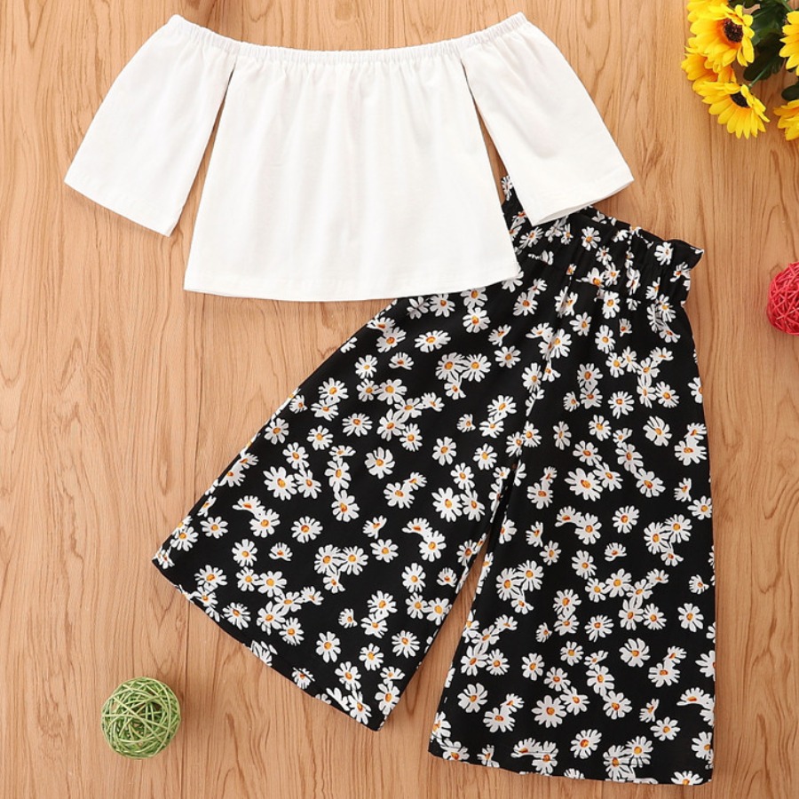 

Lovely Girl Casual Off The Shoulder Floral Print Black Two Piece Pants Set