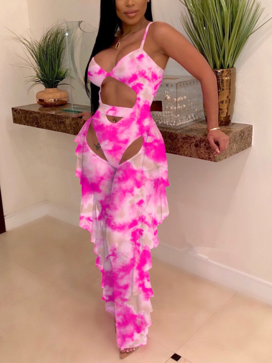 

Lovely Boho Tie-dye Hollow-out Flounce Design Rose Red Two-piece Swimsuit