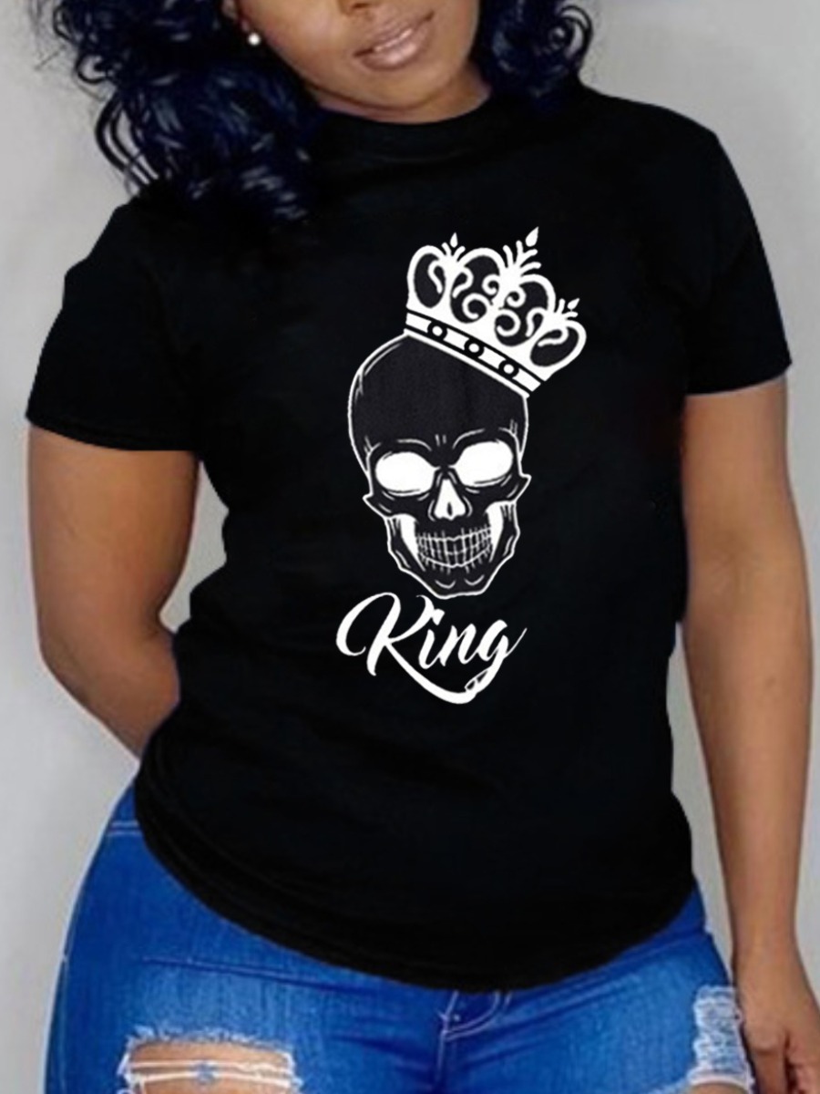 

Lovely Casual Crown Letter Print Carbon Black Plus Size T-shirt
