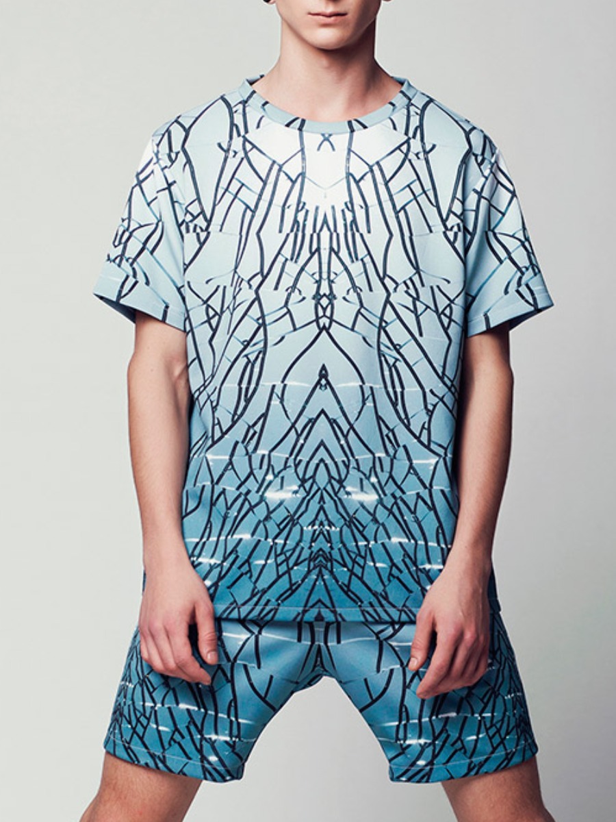 

Lovely Men Street O Neck Print Baby Blue Two Piece Shorts Set