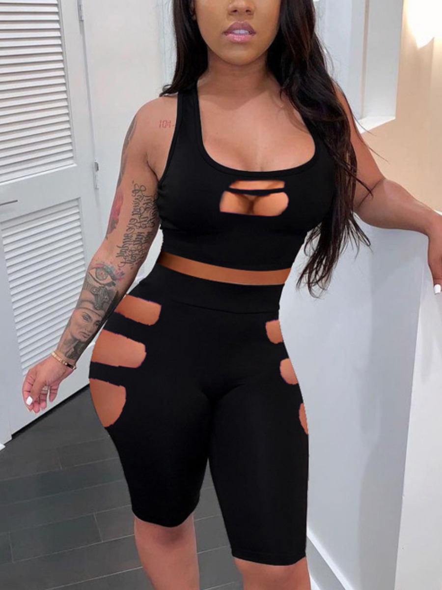 

Lovely Street U Neck Hollow-out Black Two Piece Shorts Set