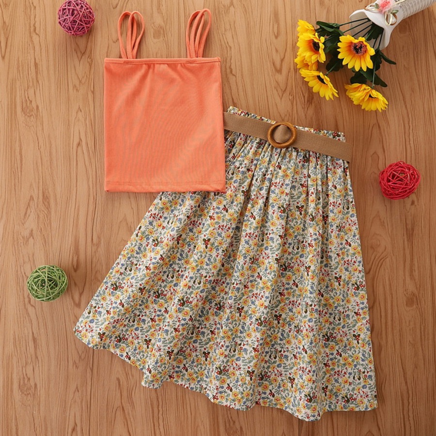 

Lovely Girl Casual Floral Print Flounce Design Clear Orange Two Piece Skirt Set