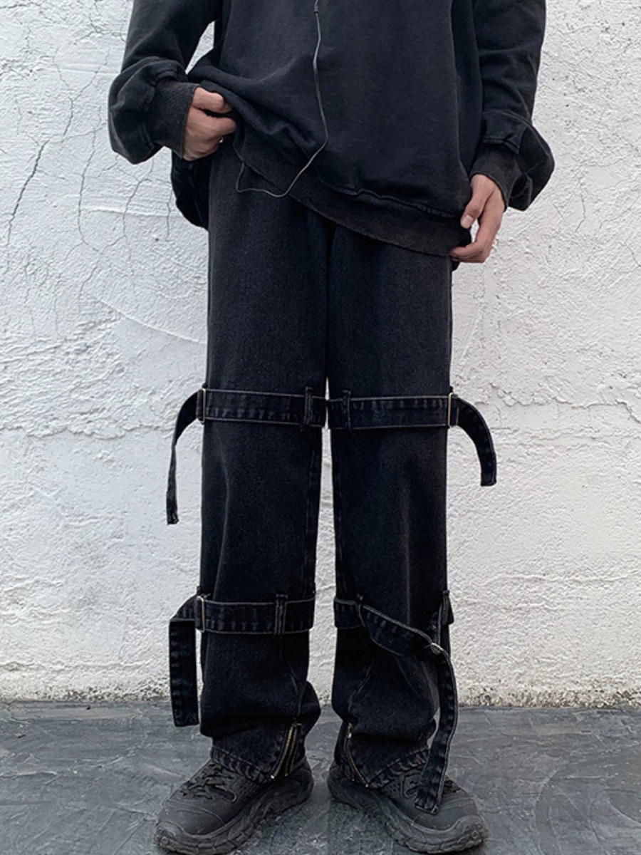 

Lovely Men Street Mid Waist Drawstring Black Jeans