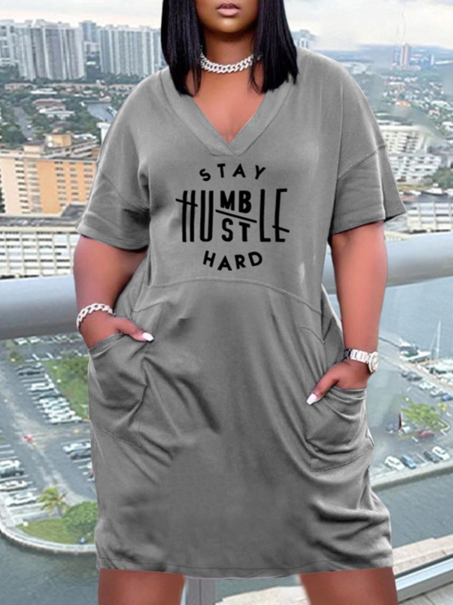 

Lovely Casual V Neck Letter Print Grey Knee Length Plus Size Dress