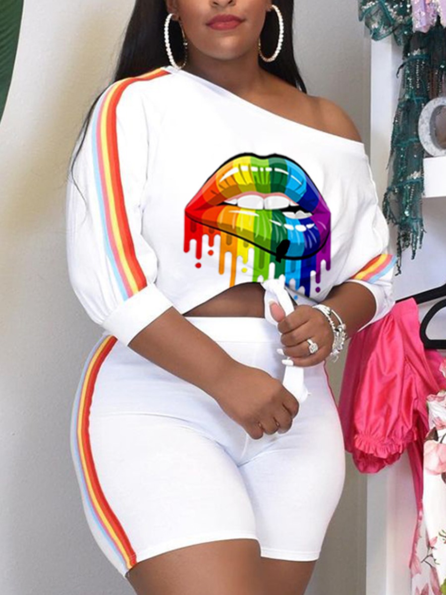 

LW Plus Size Casual Lip Print Striped White Two-piece Shorts Set