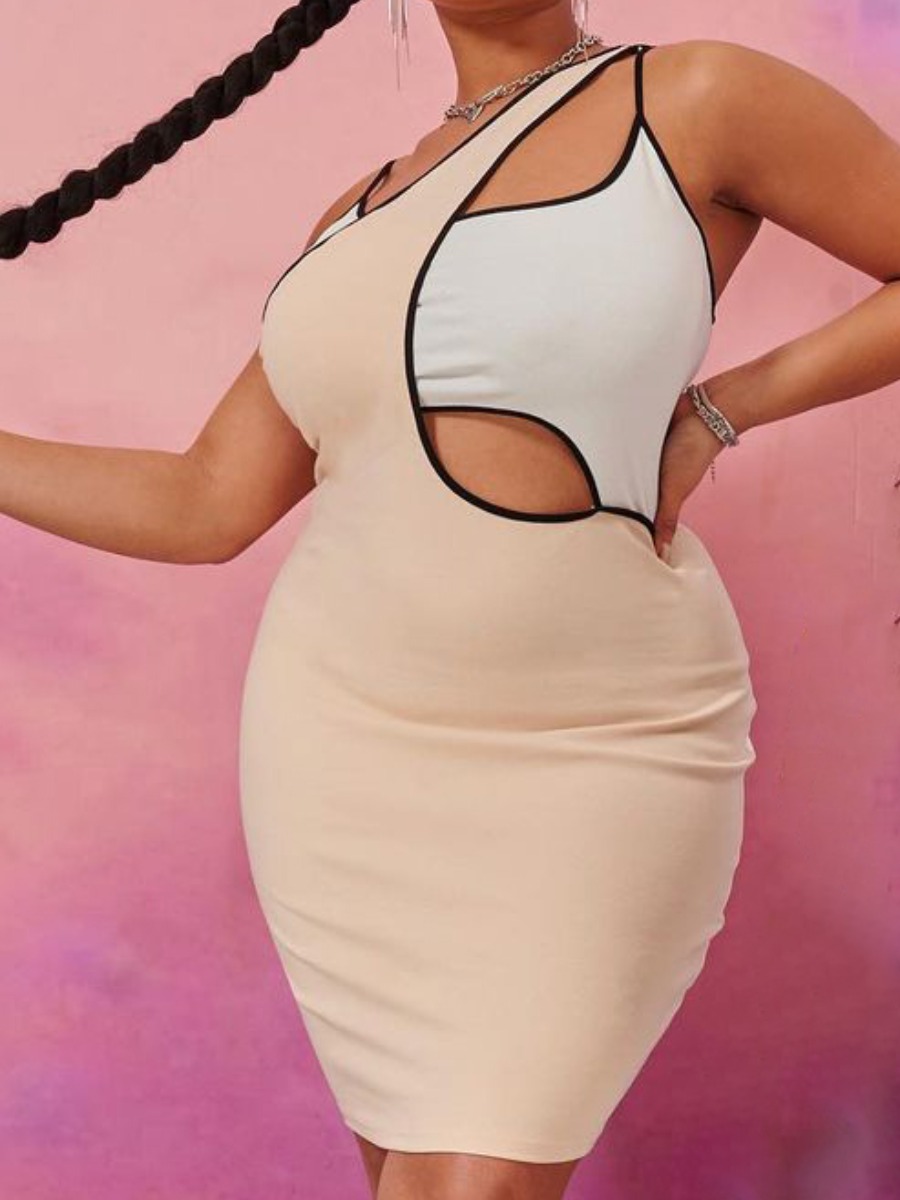 

Lovely Plus Size Street Color-lump Hollow-out Light Pink Knee Length Dress