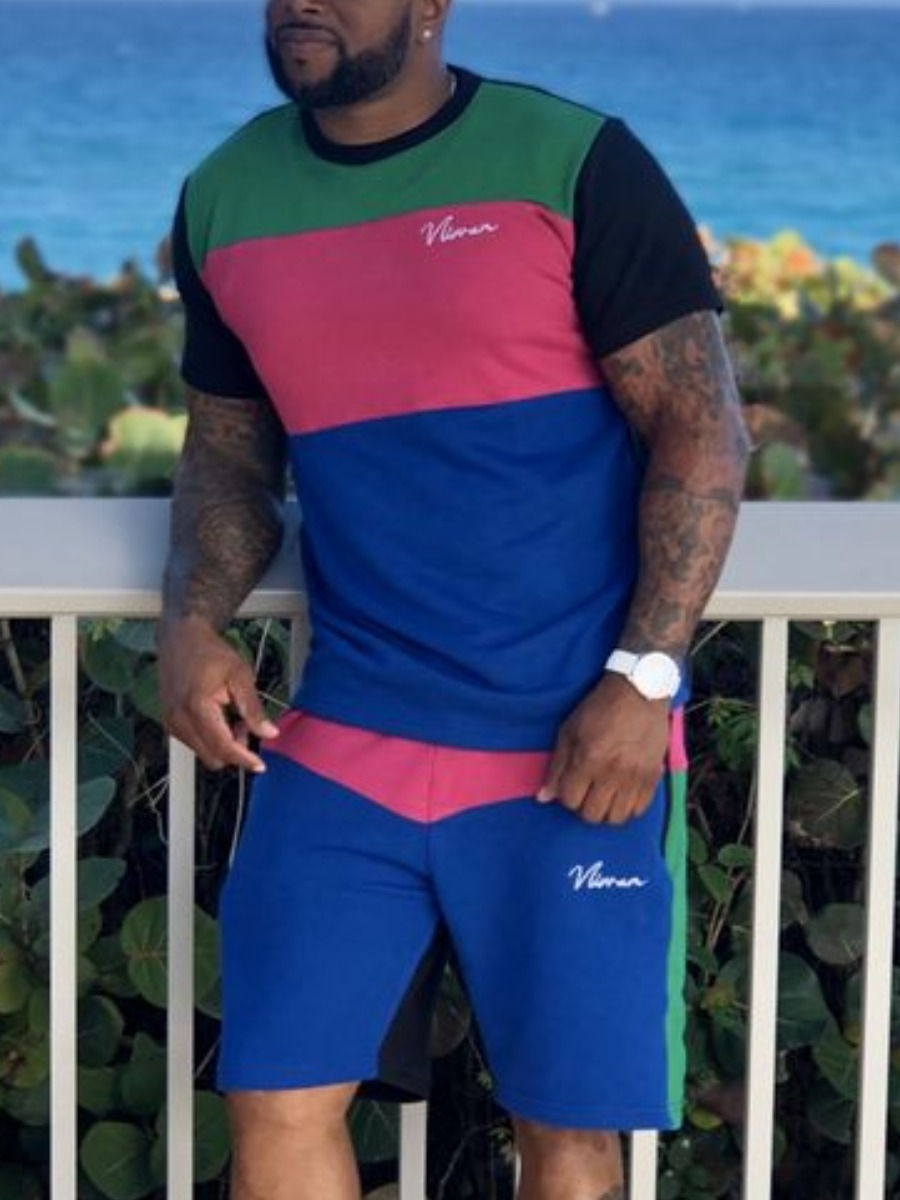

Lovely Men Casual Color-lump Patchwork Blue Two Piece Shorts Set