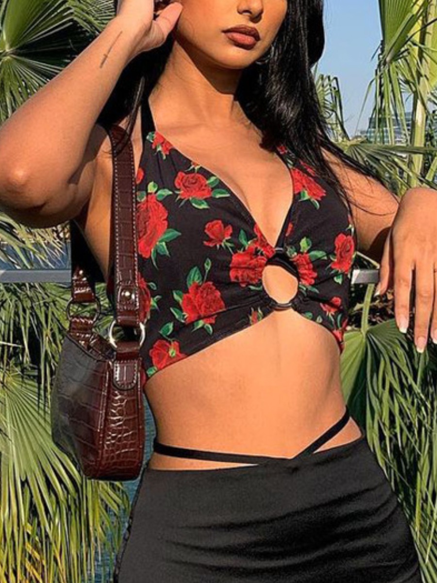 

Lovely Sexy Floral Print Metal Ring Decoration Black Camisole
