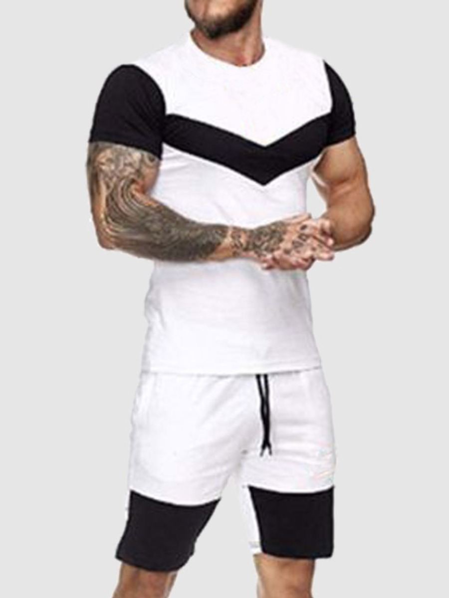 

Lovely Men Sporty Color-lump Drawstring White Two Piece Shorts Set