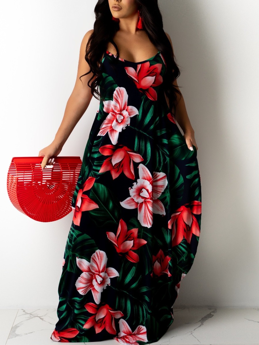 

Lovely Casual Floral Print Pocket Design Black Floor Length Dress